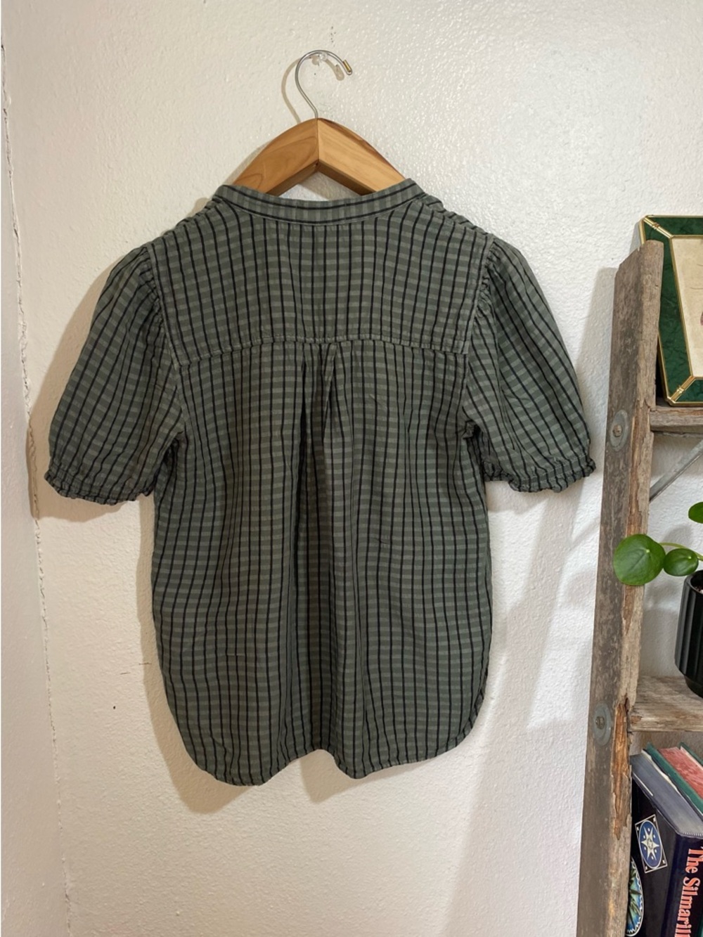 Cloth & Stone Puff-Sleeve Linen Blend Buttondown Gingham Top Dark Green Size S - Picture 5 of 11